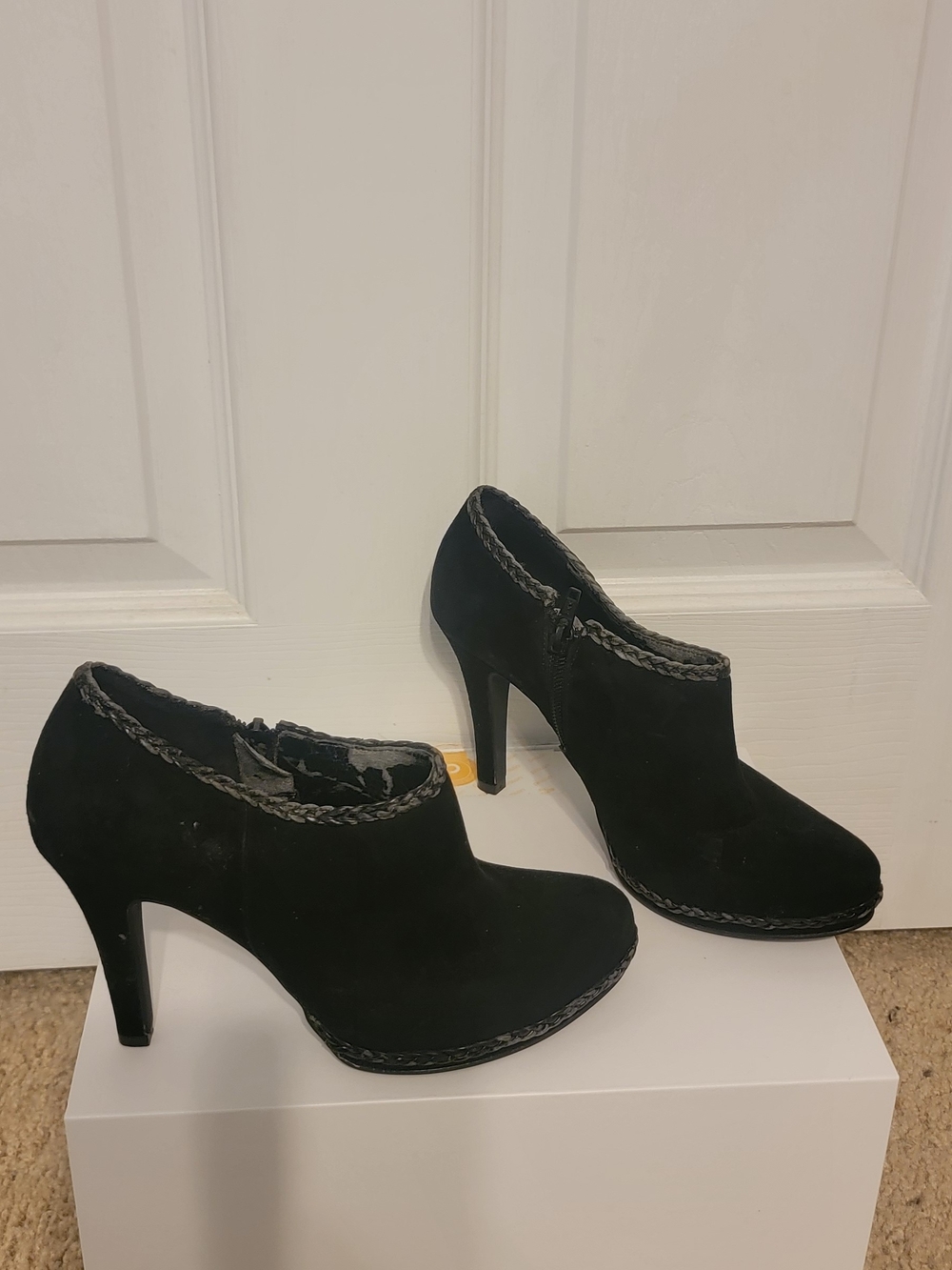 ANTONIO MELANI Black Suede Braided Trim High-Heel Ankle Booties